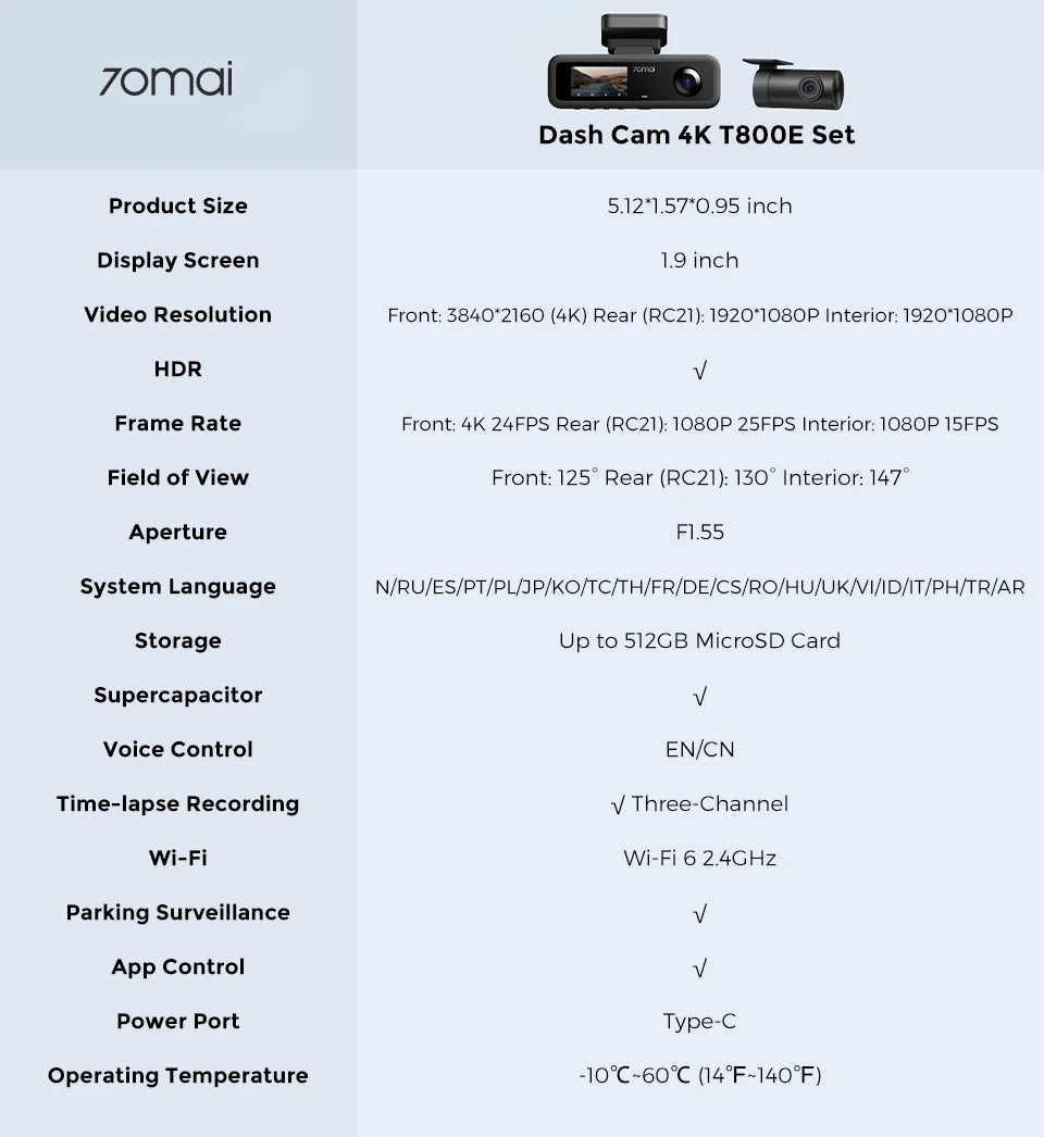 70Mai T800E 3-Channel Dash Cam Front 4K + Rear 1080P + Interior 1080P Hdr Supercapacitor 24H Parking Gps Voice Control Wi-Fi6