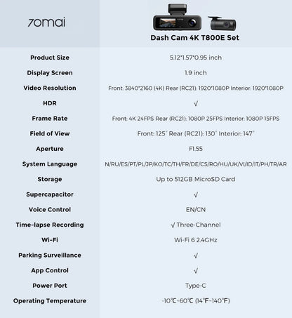 70Mai T800E 3-Channel Dash Cam Front 4K + Rear 1080P + Interior 1080P Hdr Supercapacitor 24H Parking Gps Voice Control Wi-Fi6