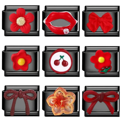 2025 New Original Black Red Stars Love Heart Bows Flower Italian Charm Link Fit 9mm Stainless Steel Jewelry DIY Making Bracelets