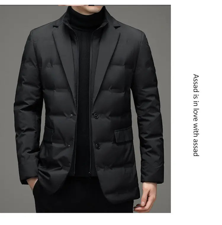 Men's Solid Color Detachable Stand Collar Long Sleeve Casual Business Trendy Down Coats Winter New Fashion Suit Blazers Clothes