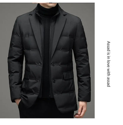 Men's Solid Color Detachable Stand Collar Long Sleeve Casual Business Trendy Down Coats Winter New Fashion Suit Blazers Clothes