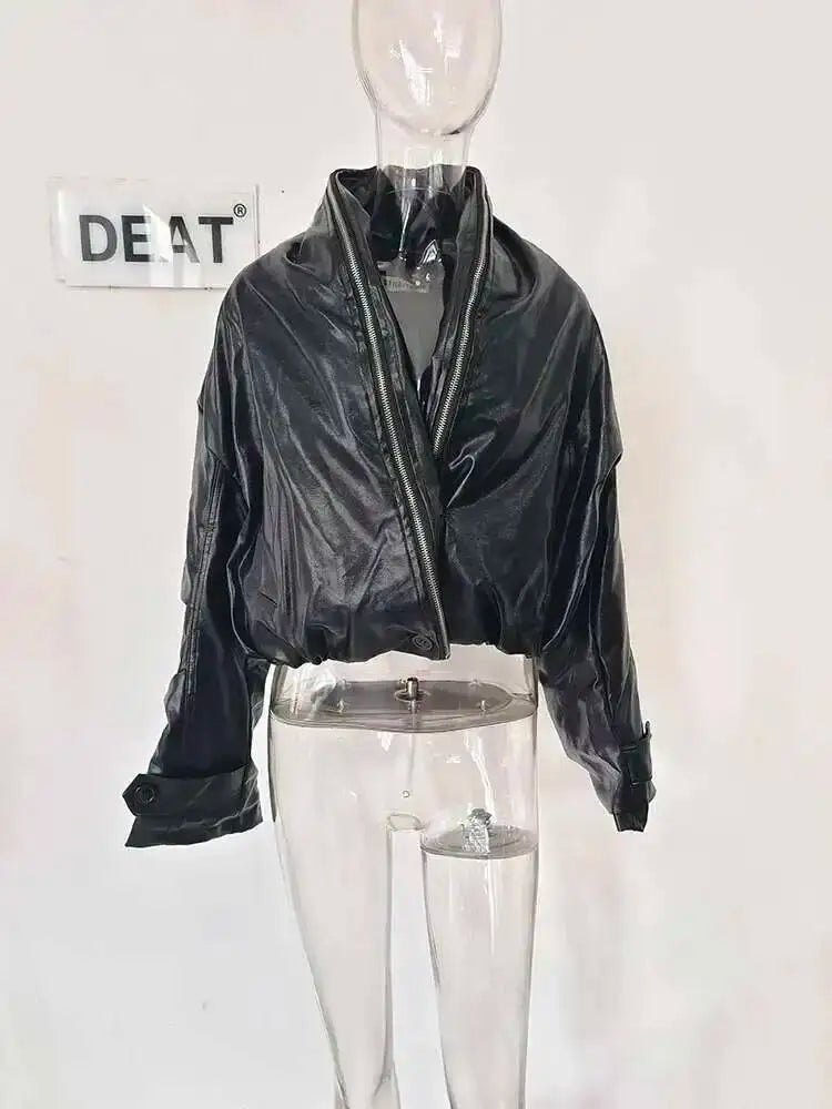 DEAT 2026 Summer New Item Fashion Double Zipper PU Leather Quilted Jacket For Women High Street Black Loose Coat Female 11A01245