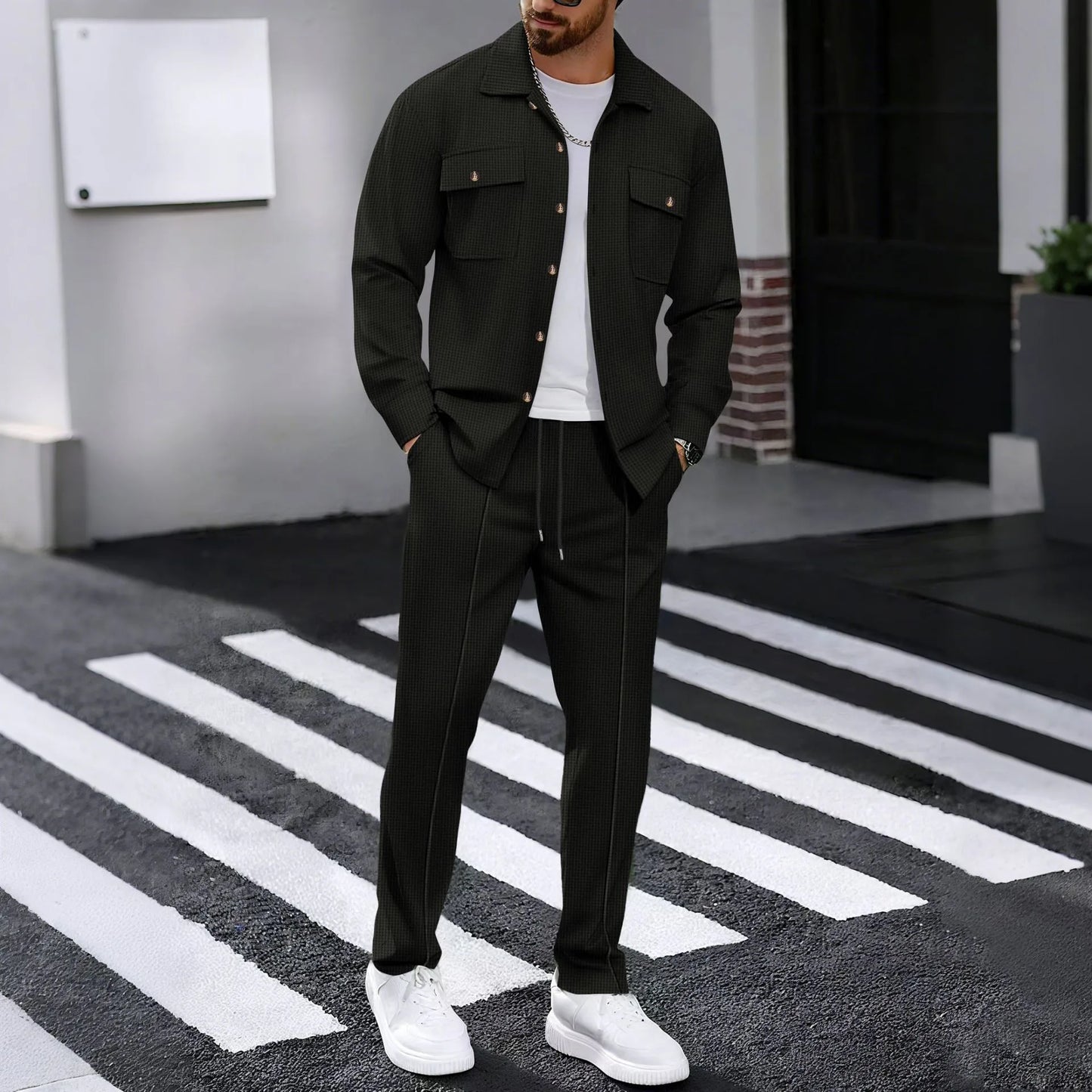 New autumn style waffle long-sleeved solid-color double-pocket buttoned cardigan shirt and pants set