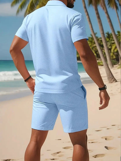 Summer Casual Versatile Fashion Short-Sleeved Button-Down Polo Shirt And Breathable Mesh Shorts Set for Men Plus Size