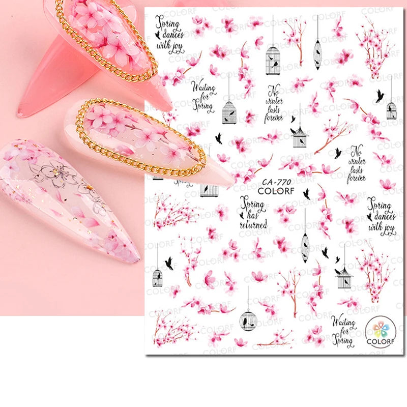 3d Nail Art Decals Watercolor Florals Purple Green Pink Flowers Leafs Fruit Adhesive Sliders Nail Stickers For Manicure