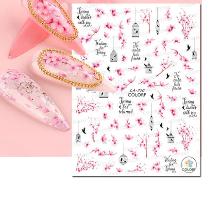 3d Nail Art Decals Watercolor Florals Purple Green Pink Flowers Leafs Fruit Adhesive Sliders Nail Stickers For Manicure