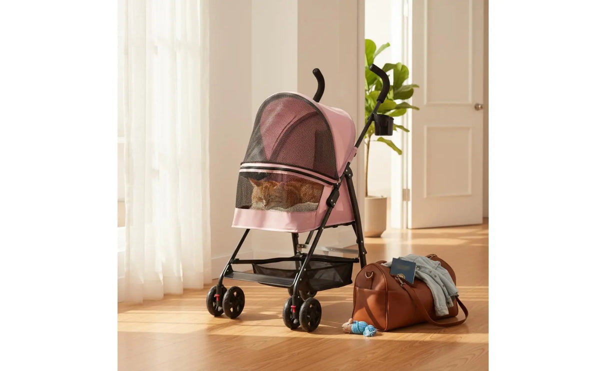 Foldable Pet Stroller Ventilated Lightweight Pet Stroller Brake System Cup Holder for Dogs, Travel, Park