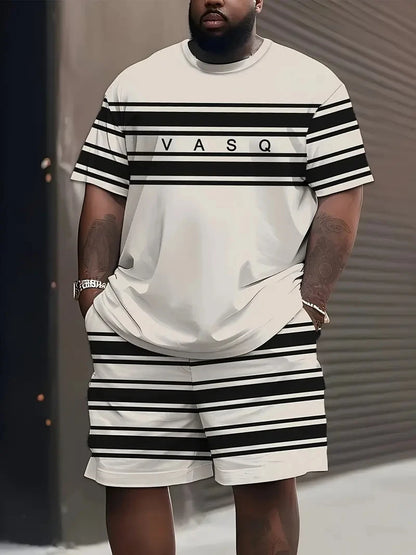 Denim Graphic T-shirt And Shorts 2-piece Set 2025 Plus Size Men's Clothing Casual Loose Drawstring Waist Shorts Short Sleeve Top