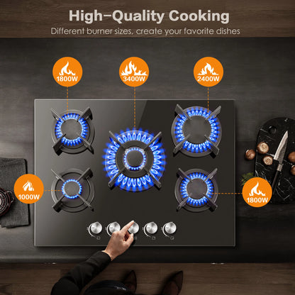 5 Burners 70 cm Glass with Automatic Flame Protection, Natural Gas Propane Gas, Built-in Gas Hob