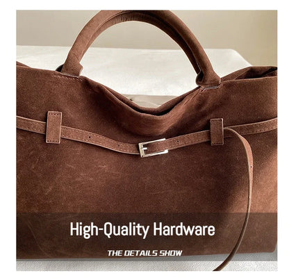 Vintage Satin-Leather Tote Bag – Casual Style with Buckle Closure, Large Capacity for Commuting & Everyday Shoulder Carry