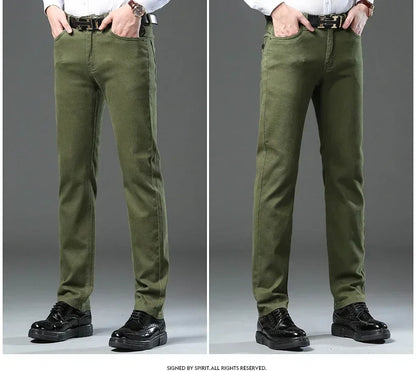 Autumn 96% Cotton Men's Stretch Slim Jeans Army Green Soft Comfortable Casual Straight Denim Pants Trousers Large Size 42