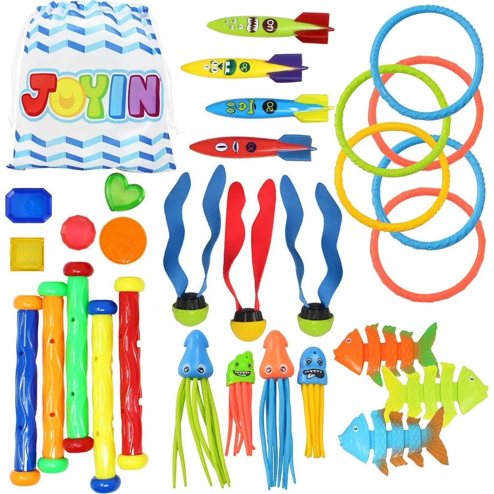 Joyfy 30 Pcs Diving Pool Toys Sinkers for kids with Storage Bag Includes 5 Diving Sticks 6 Diving Rings