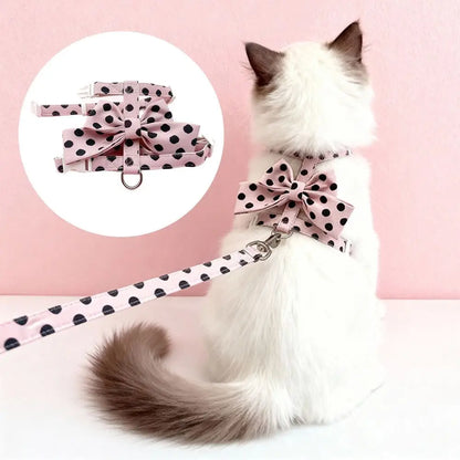 Cute Polka Dot Pet Vest Harness Bowknot Adjustable Pet Traction Rope with Collar Cat Traction Rope Puppy