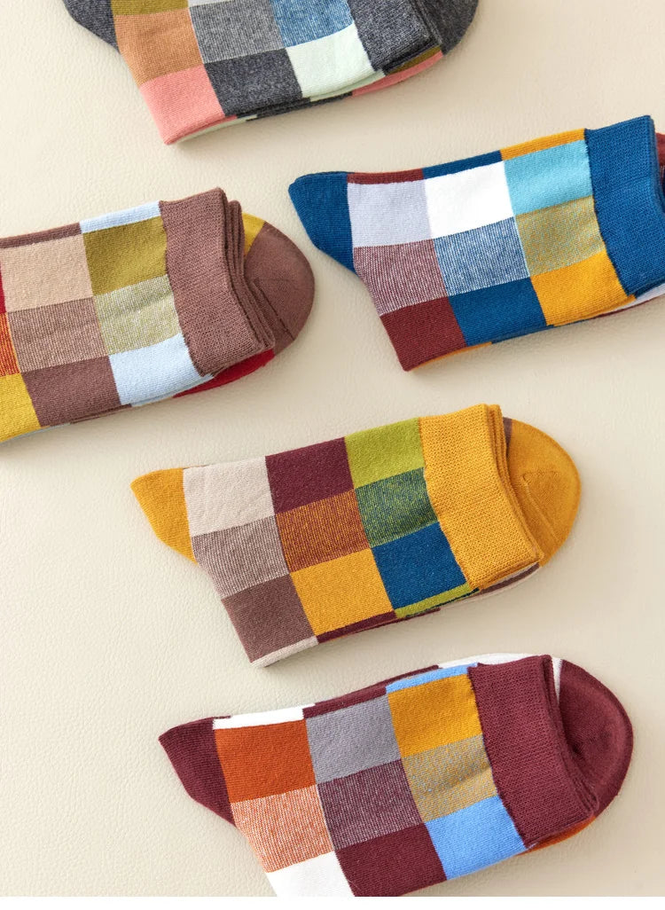 5 Pairs Combed Cotton Men's Socks Outdoor Party Compression Socks Fashion Colorful Square And Stripe Happy Dress Socks Men
