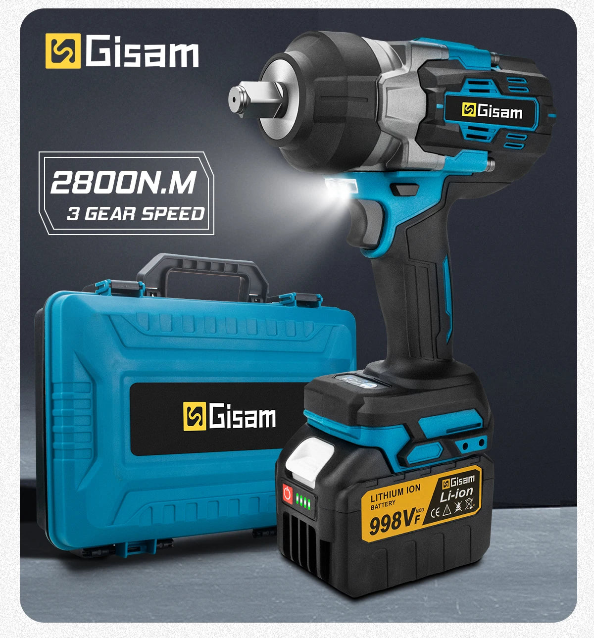 Gisam 2800N.M Torque Brushless Electric Impact Wrench 1/2 inch Screwdriver Cordless Wrench Power Tool For Makita 18V Battery Pin