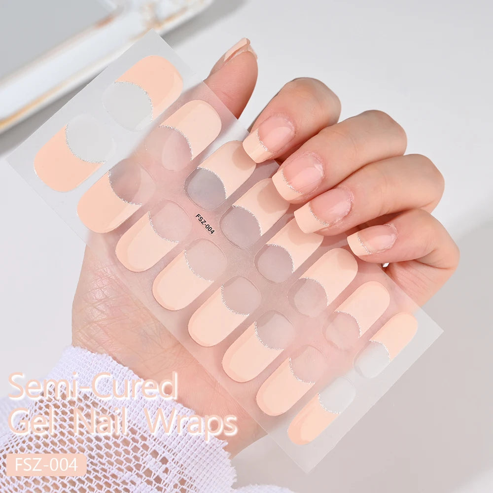 16Tips White French Semi-Cured Gel Nail Patch Sliders Full Cover Gel Nail Stickers For UV Lamp Adhesive Decals Manicure Patch #7