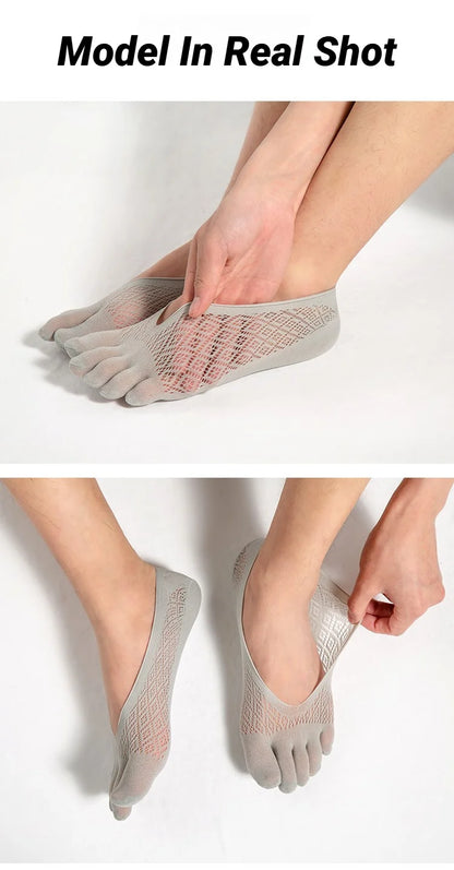 1/5 Pairs Summer Men's Invisible No Show Five Finger Socks Thin Velvet Non-Slip Mesh Breathable Elastic Solid Silk Soft