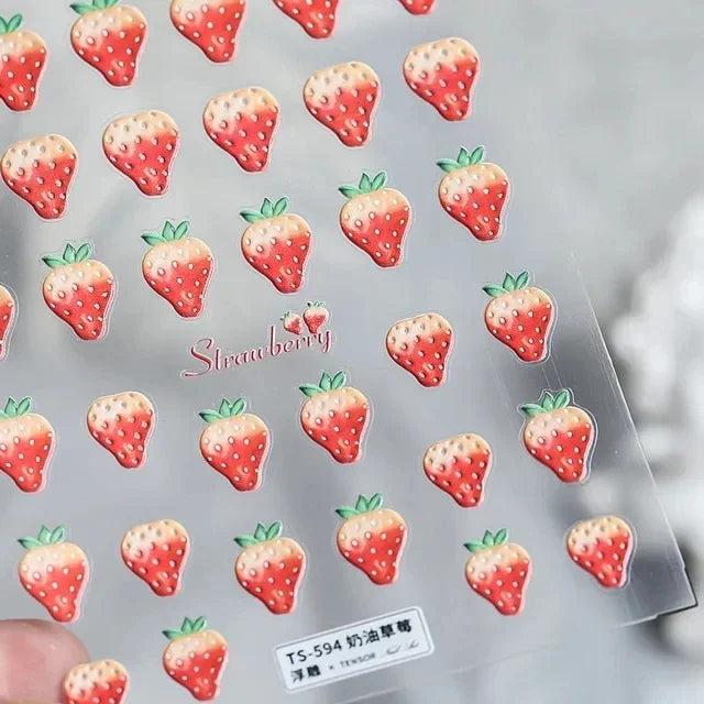 Lovely Red Fruit Strawberry Cherry Bowknot Love Heart Star Silk Ribbon 5D Nail Art Stickers Chic Self Adhesive Manicure Decal