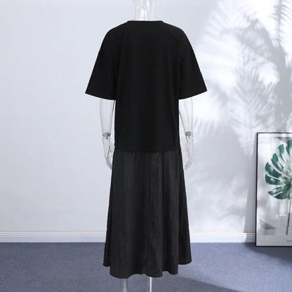 2026 Summer New Loose Patchwork Dresses Women's Pleated Fashion Short Sleeve O-neck Long Robes Female Elegant Casual Dress