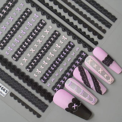 Sweet Bowknot Black Lace Heart Nail Stickers 3D Self Adhesive Nail Art Stickers Japanese Cool Girls Manicure Decorations Decals