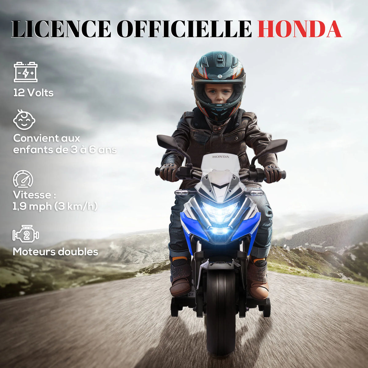 The electric motorcycle for children is equipped with two engines. Children aged 3 to 6 years can drive the motorbike with music and head. The size is 107x46x75cm and the load is 30kg.