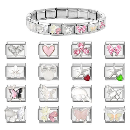 New Shiny Zircon Heart Butterfly Flower Star Bow Italian Charm Links Fit 9MM Stainless Steel Bracelet Girls' DIY Making Gift