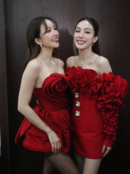 Elegant Red Off‑Shoulder Pleated Sleeve Mini Dress Party Evening Wedding Guest Dress 2025 Trending Women’s Fashion Plus Size