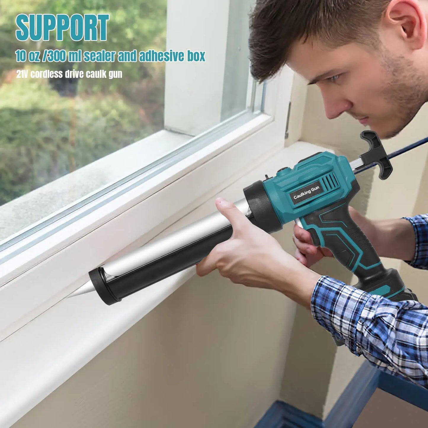21V Cordless Electric Caulking Gun 4 Speed Adjustable Anti Drip Silicone Sealant Applicator 300ml 10oz Cartridge Rechargeable Power Tool for Construction Window Door Kitchen Bathroom Home Repair DIY