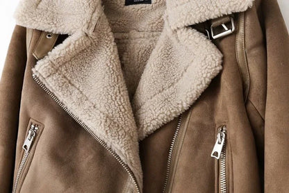 Winter Faux Shearling Sheepskin Fake Leather Jackets Lady Thick Warm Suede Lambs Motorcycle Brown Coats Mujer Chaqueta A407