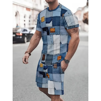 2025 Summer Men's Clothing Letter Print Short Sleeve Top Men's Elastic Waist Shorts 2-piece Set Plus Size T Shirts Shorts Set