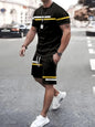 Summer Men's Stripe Print Short Sleeve Tee Elastic waist Shorts 2 Pieces Set Plus Size Loose O-Neck T-shirt Pockets Shorts Set