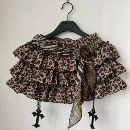 Y2k Gothic Elastic Waist Cross Short Skirt Women Sweet Hot Girl Chic High Waist Ruffle Skirts Female Design Retro Cake Skirt New