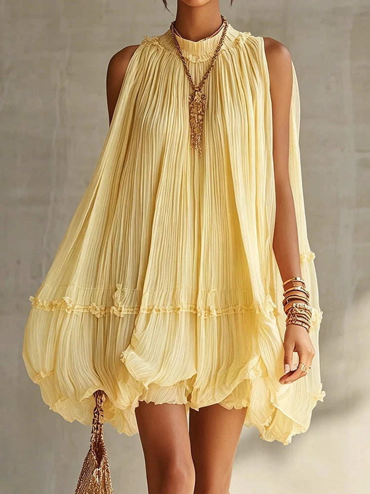 2026 Women Solid O-Neck Princess Party Dress Spring Summer Sexy Sleeveless Ladies Loose Ruched Dresses Streetwear Dropshipping