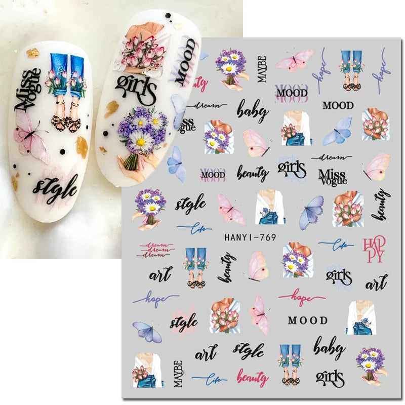 3d Nail Art Decals Watercolor Florals Purple Green Pink Flowers Leafs Fruit Adhesive Sliders Nail Stickers For Manicure