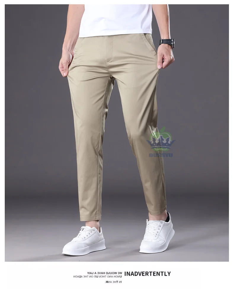 Summer High Quality Cotton Ankle Length Casual Pants Men Business Slim Elastic Waist Jogger Outdoors Korean Work Suit Trousers