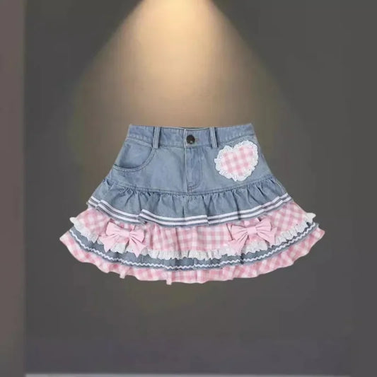 Skirt Women's 2025 New Summer Pink High-grade Pleated Denim Skirt Women's Clothes Bow Sweet Style