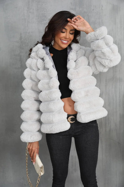 2026 Faux Fur Women Coats Hooded Full Sleeve Short Coat Zipper Thick Warm Solid Temperament Elegant Splice Autumn Winter