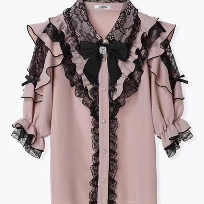 Women Japanese Sweet Lolita Blouses Summer Elegant Bow Off Shoulder JK Shirt Female Gothic Hot Girls Casual Lace Ruffles Tops