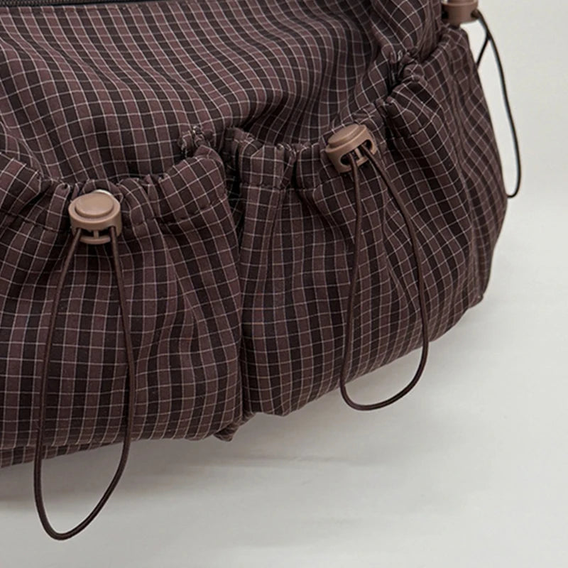 Korean Nylon Shoulder Bag Fashion Simple Plaid Zipper Tote Bag Drawstring Pleated Cloud Bag New Commuter Crossbody Shoulder Bag