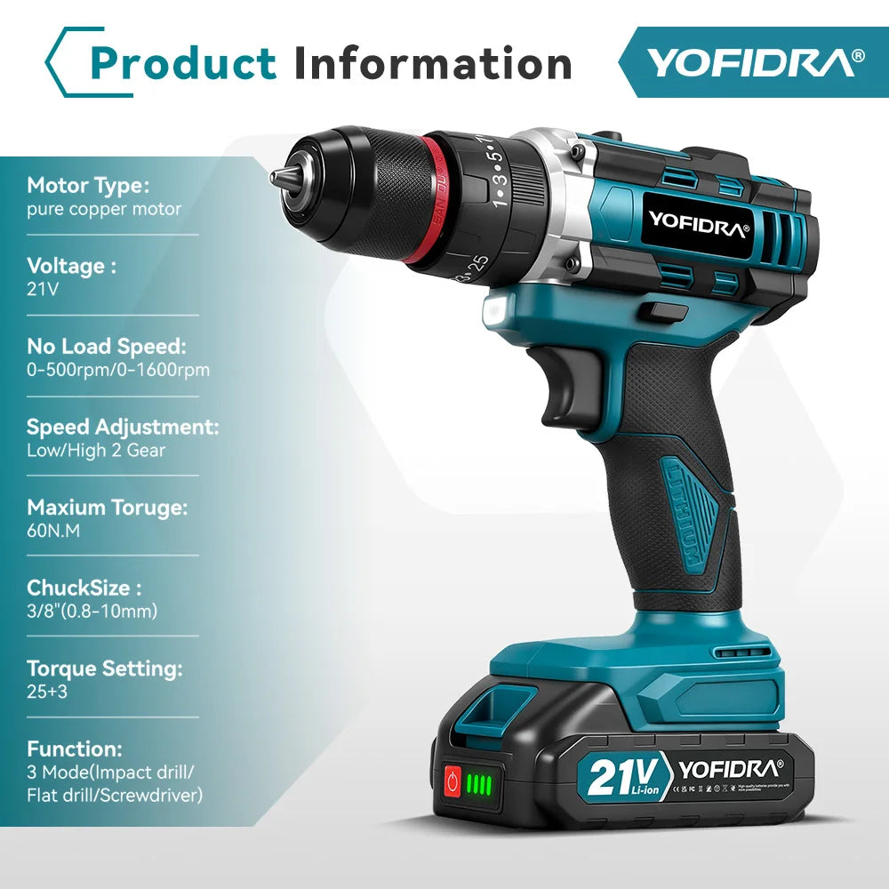 YOFIDRA 3 IN 1 25+3 Torque Electric Impact Drill  Handheld Cordless Impact Drill Woodworking Power Tool For Makita Battery Pin