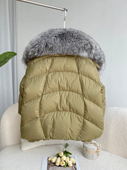 2024 Winter Women Warm Coat Oversized Real Fox Fur Collar Thick Luxury Outerwear New Fashion 90% Goose Down Jacket