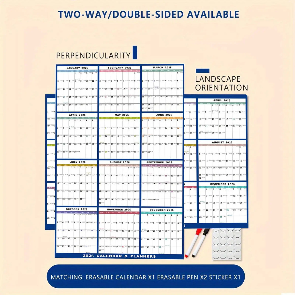 Large Dry Erase Calendar for Wall 2026 Wall Calendar 12 Month  22.83X34.56 Inch Yearly Schedule Organizer for Indoor Home Fridge