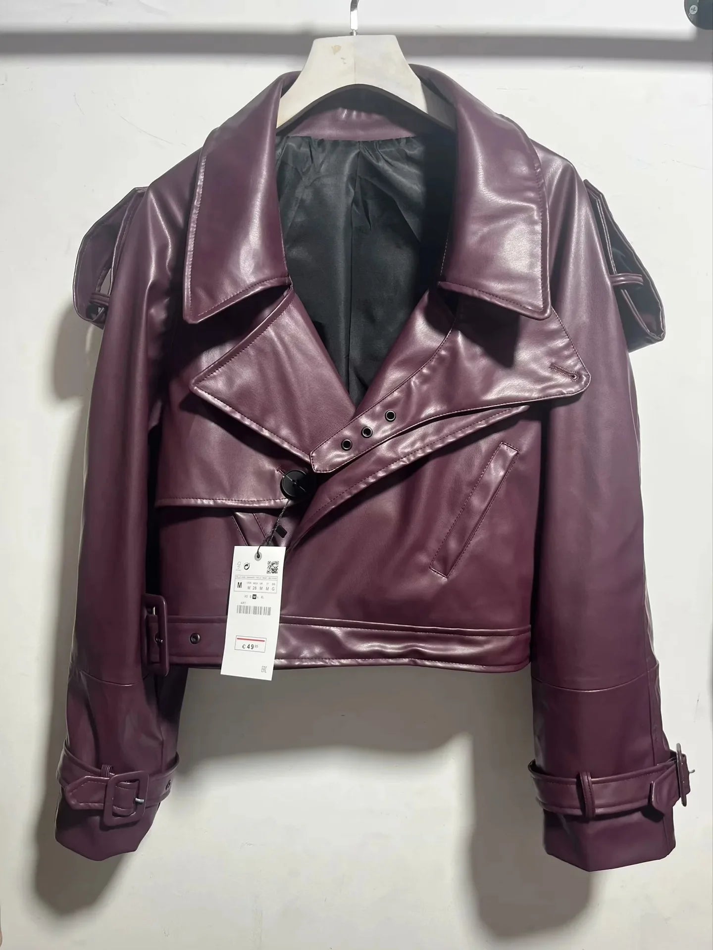 Vintage Lapel Leather Biker Jacket Women Bomber Jacket Short Coat Streetwear Zip Long Sleeve Windproof Outerwear Black Wine Red