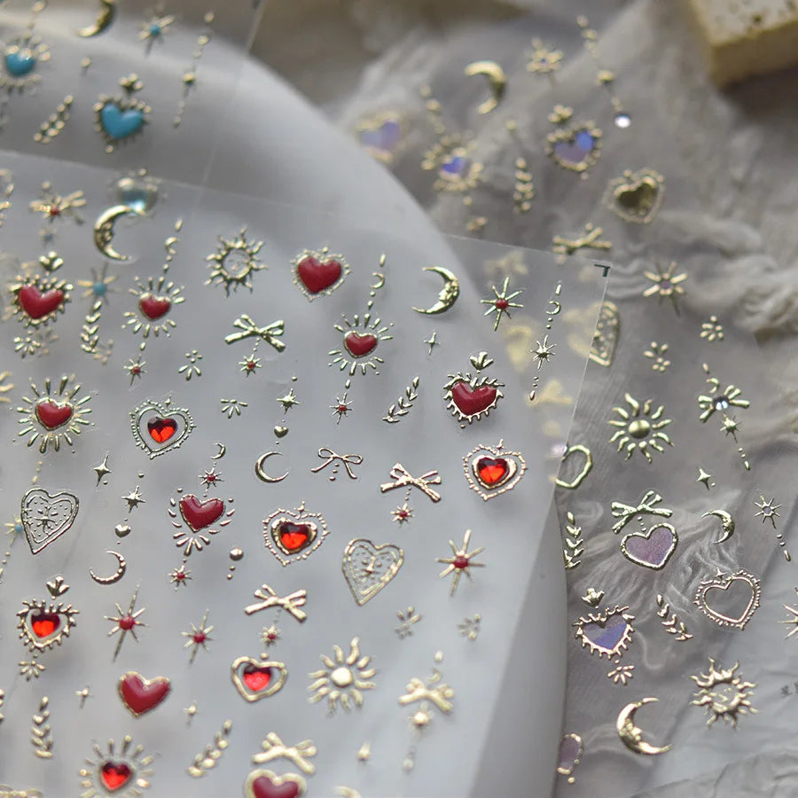 Gold Totem Red Heart Nail Art Stickers Aurora Holographic Star Moon Butterfly 5D Self Adhesive Nail Art RhinestoneS Stickers DIY