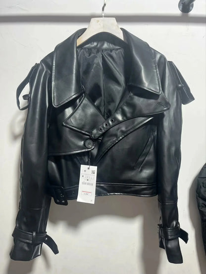 Vintage Lapel Leather Biker Jacket Women Bomber Jacket Short Coat Streetwear Zip Long Sleeve Windproof Outerwear Black Wine Red