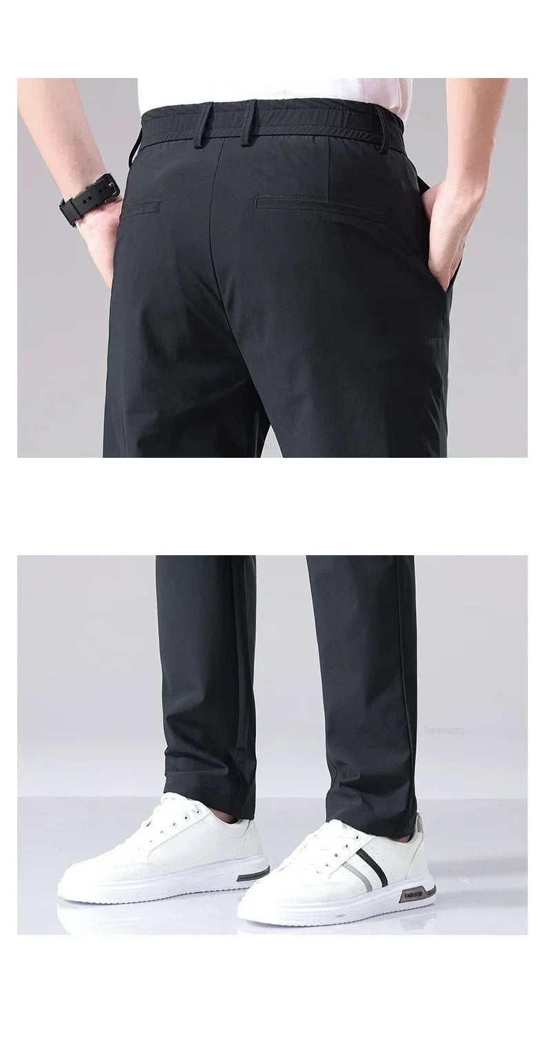 Ultra-thin Elastic Men's Casual Trousers Summer Quick-drying Ice Silk Slim Straight Business Solid Color Y2K Trousers Black Gray