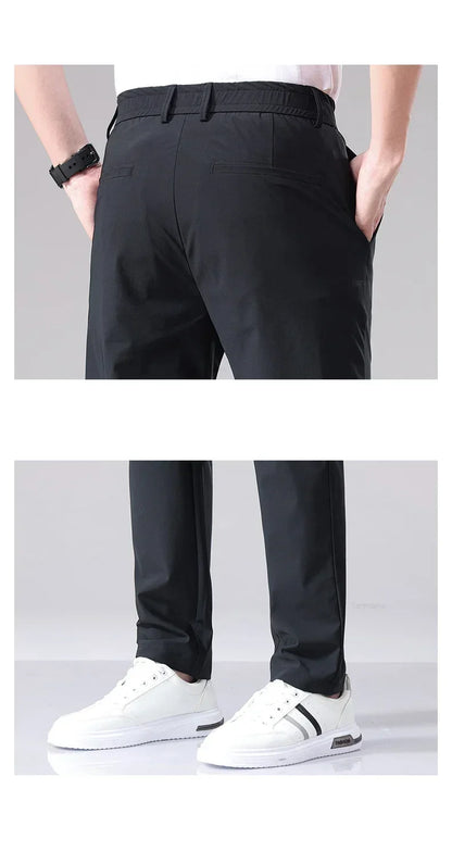 Ultra-thin Elastic Men's Casual Trousers Summer Quick-drying Ice Silk Slim Straight Business Solid Color Y2K Trousers Black Gray