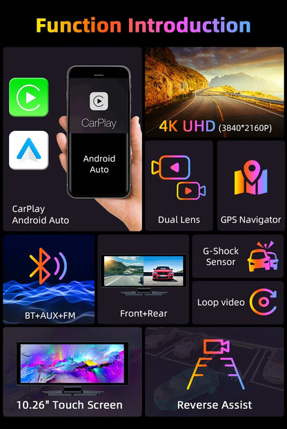 7"/10.26" 4K Dash Cam Wireless Carplay Android Auto 350° Rotating Lens Car DVR GPS Navigation Dashboard Video Recorder Bluetooth