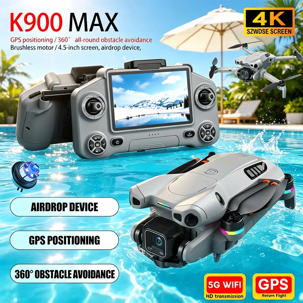 K900 Max GPS Drone 4.5-inch Screen Dual HD Camera,Obstacle Avoidance Professional Brushless Foldable FPV Quadcopter Airdrop Dron