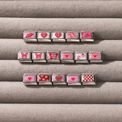 Wholesale Sweet Pink Series Stars Heart Flowers Butterfly Italian Link Fit 9mm Stainless Steel Bracelet Making DIY Charm Jewelry